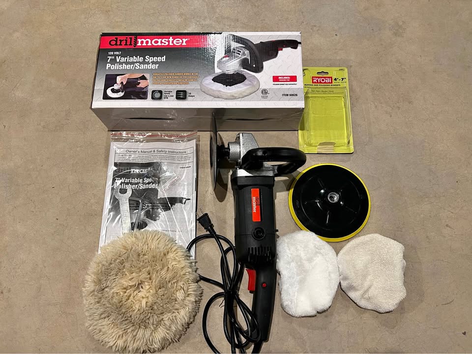 DRILL MASTRER - 10 Amp, 7" Variable-Speed Rotary Polisher/Sander with Extra Pads and Accessories