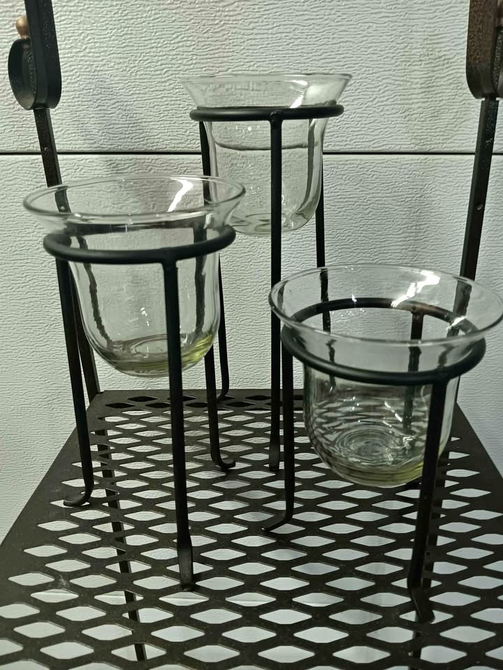Set of 3 Black Metal Candle Holder Stands with Glass Inserts 6in, 8in & 10in